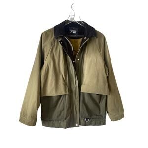 ZARA Women Two Toned Waxed Barn Jacket Corduroy Collar Trim Size XS